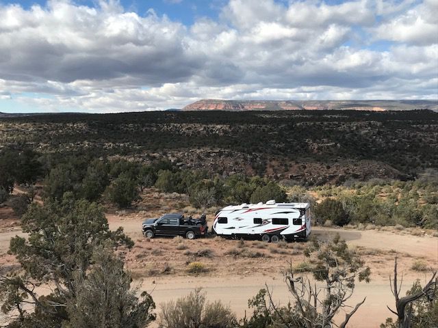truck and travel trailer RV with solar in the Colorado desert