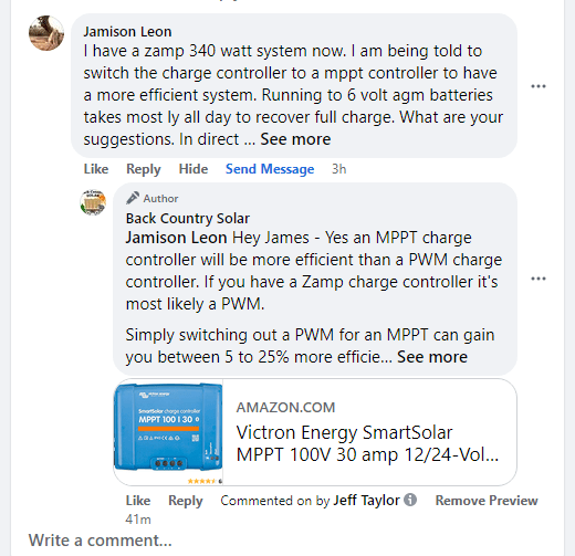 Screenshot of Facebook post asking about MPPT over PWM efficiency
