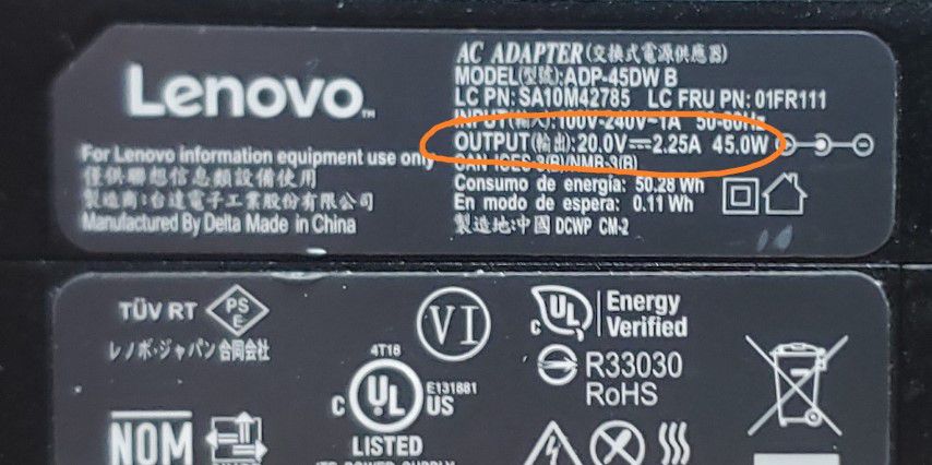 lenovo laptop charger sticker shows watts, volts, and amps